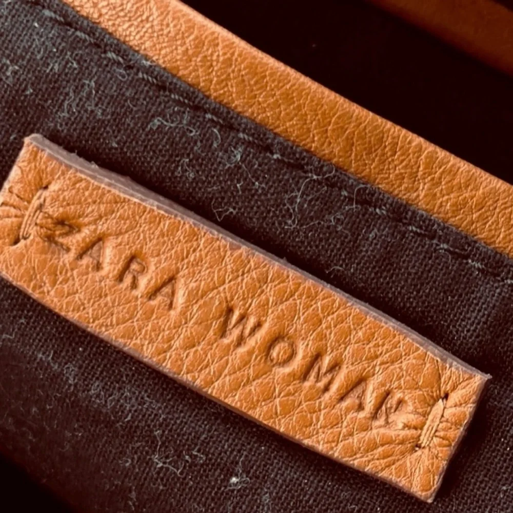 Zara Two Toned Brown Tan Silver Eyelet Accents Leather Bucket Bag Style Tote - Picture 6 of 9